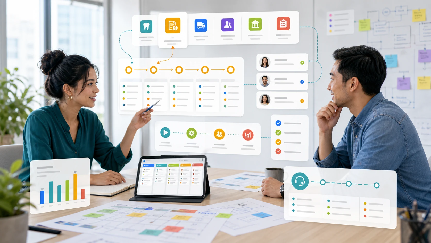 Taskingos consultation workspace with selected app card, implementation checklist, workflow map, and starter app recommendations