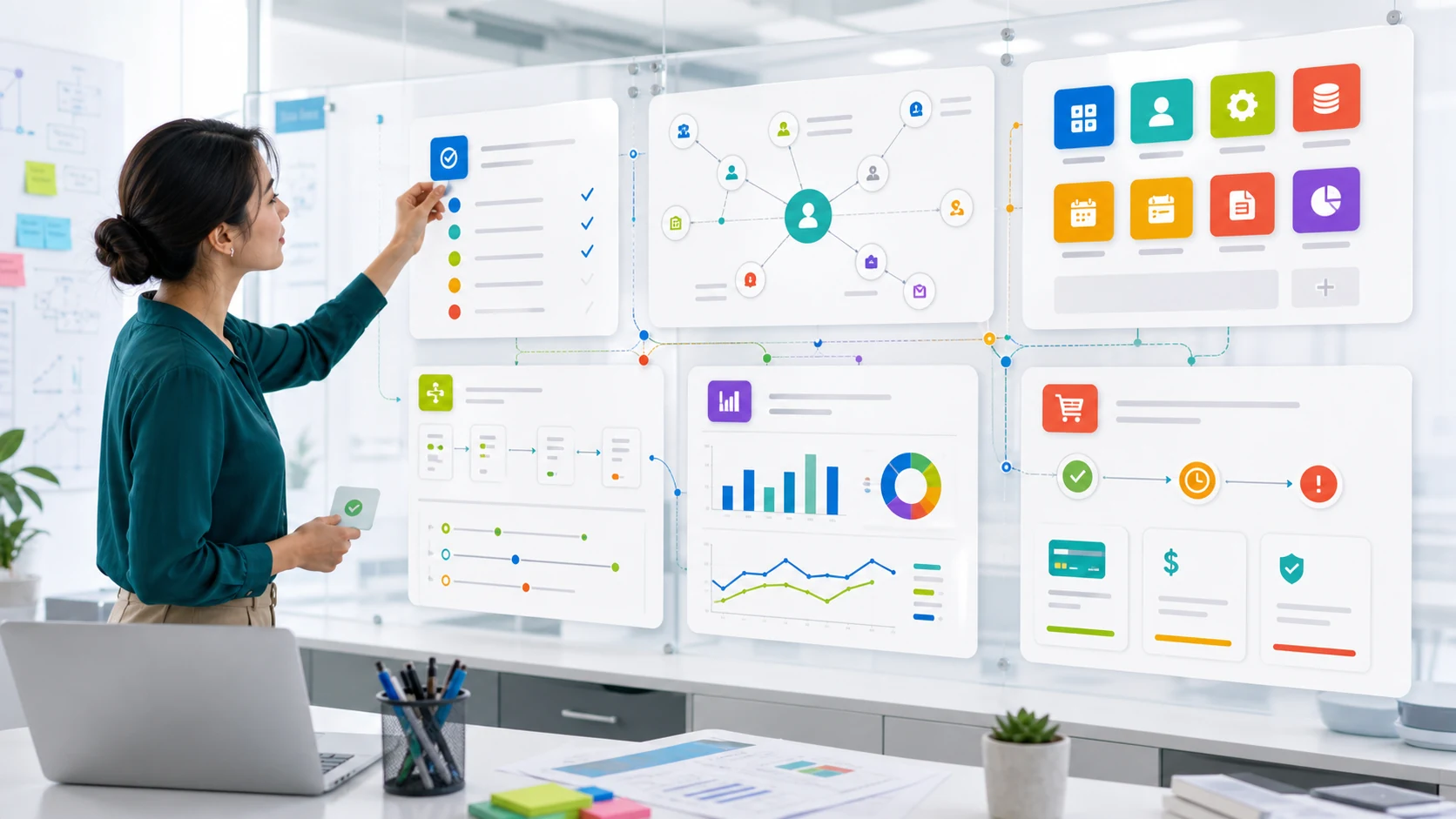 Taskingos product features visual with app-store workspace panels